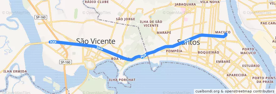 Mapa del recorrido VLT Linha 1: Terminal Barreiros → Terminal Porto de la línea  en Região Metropolitana da Baixada Santista.