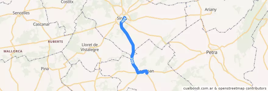 Mapa del recorrido Bus 406a: Estació Sineu → Sant Joan de la línea  en Pla de Mallorca.