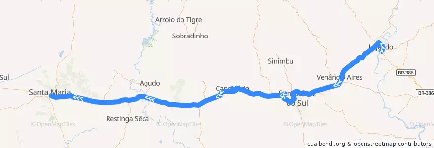 Mapa del recorrido Estrela → Santa Maria via Santa Cruz e Venâncio Aires de la línea  en Rio Grande do Sul.