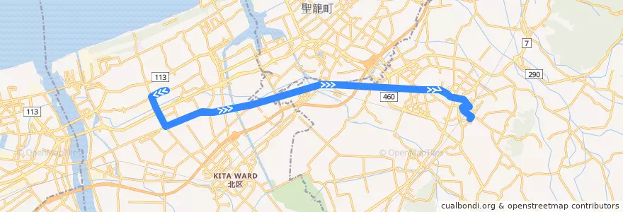 Mapa del recorrido 新発田-木崎-競馬場 de la línea  en 新潟県.