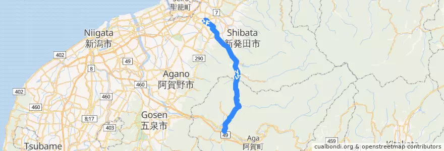 Mapa del recorrido 新発田-赤谷-新谷-三川 de la línea  en 新潟県.