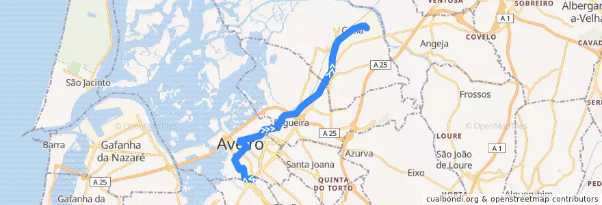 Mapa del recorrido Linha 2: Cacia (Norte) => Aveiro (Santiago) de la línea  en Aveiro.