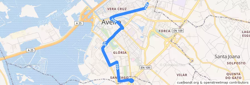 Mapa del recorrido Linha 5: Colégio D. José => Aveiro [via Solposto] de la línea  en Glória e Vera Cruz.