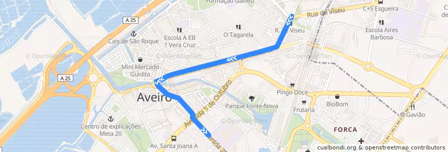Mapa del recorrido Linha 8: São Bento => Aveiro [via Mamodeiro] de la línea  en Glória e Vera Cruz.
