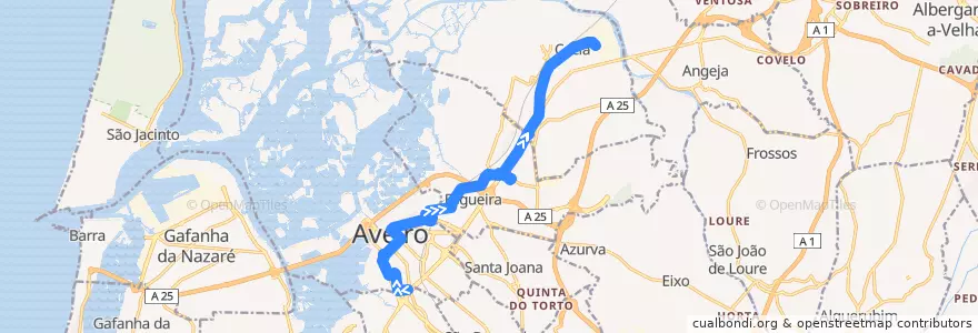 Mapa del recorrido Linha 2: Aveiro (Santiago) => Cacia (Norte) de la línea  en آويرو.