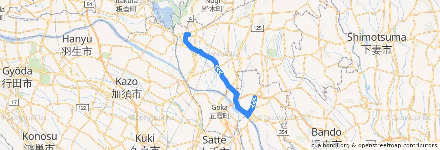 Mapa del recorrido 朝日バスKG01系統 境車庫⇒釈迦⇒古河駅西口 de la línea  en Prefectura de Ibaraki.