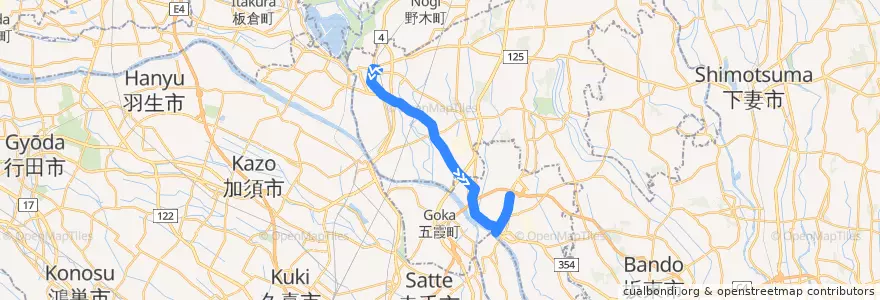 Mapa del recorrido 朝日バスKG01系統 古河駅西口⇒釈迦⇒境車庫 de la línea  en 이바라키현.