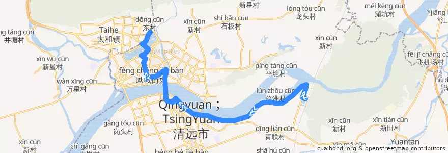 Mapa del recorrido 清远105路公交（飞来湖总站→武广高铁站） de la línea  en 清城区 (Qingcheng).