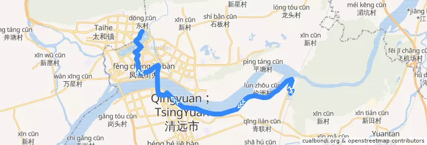 Mapa del recorrido 清远105路公交（武广高铁站→飞来湖总站） de la línea  en Qingcheng District.