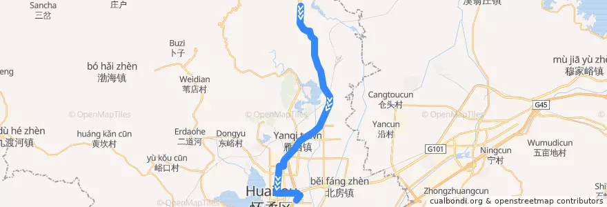 Mapa del recorrido H64 怀柔区新医院北>河防口 de la línea  en 怀柔区 / Huairou.