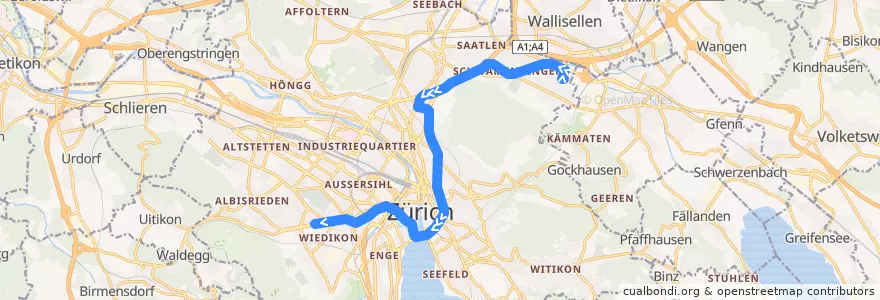 Mapa del recorrido Tram 9: Hirzenbach → Heuried de la línea  en Zürich.