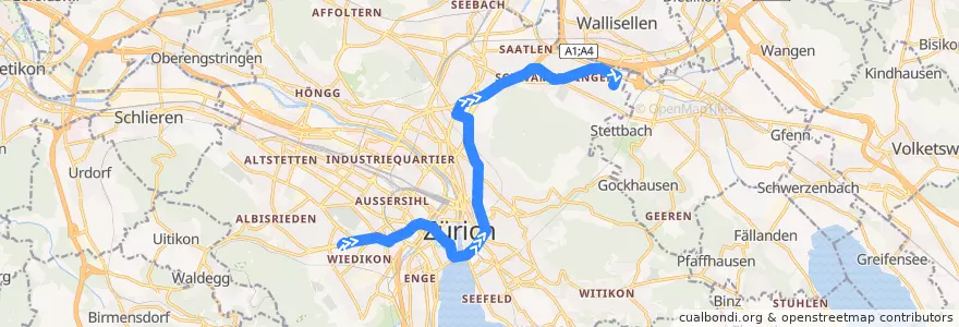 Mapa del recorrido Tram 9: Heuried → Hirzenbach de la línea  en Zürich.