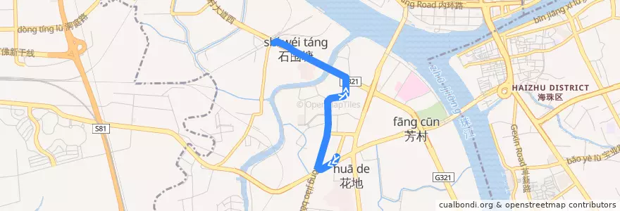 Mapa del recorrido 414路(芳村合兴苑总站-芳村葵蓬总站) de la línea  en 荔湾区.