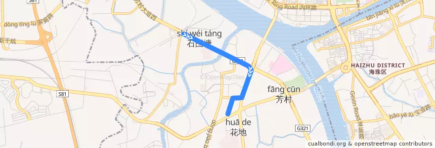 Mapa del recorrido 414路(芳村葵蓬总站-芳村合兴苑总站) de la línea  en 荔湾区.