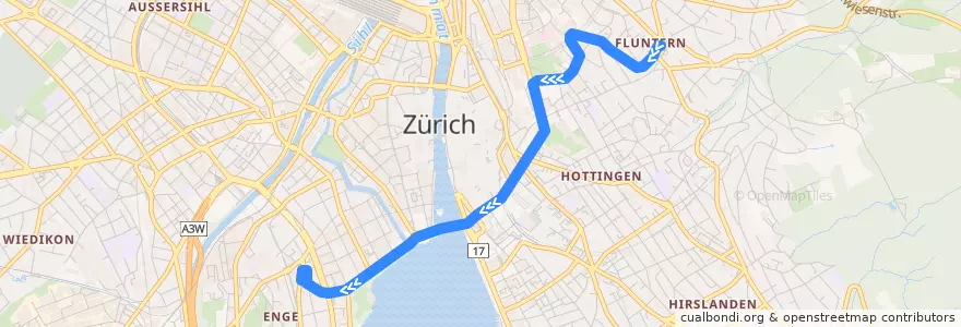 Mapa del recorrido Tram 5: Kirche Fluntern → Bahnhof Enge de la línea  en Zürich.