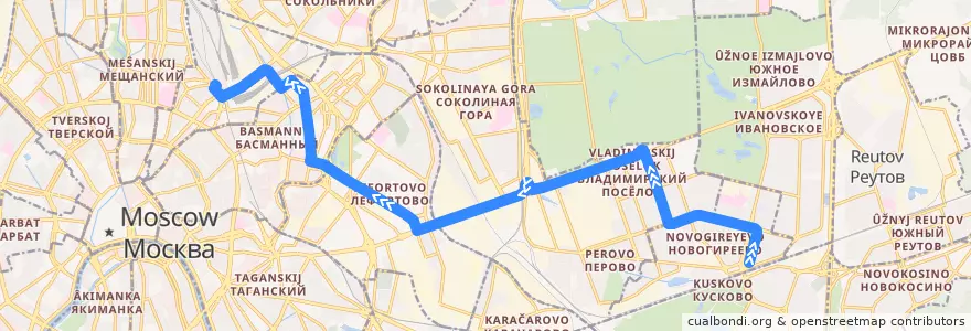 Mapa del recorrido Трамвай 37: Новогиреево => Каланчёвская улица de la línea  en Москва.