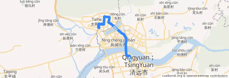Mapa del recorrido 清远106路公交（新城客运站——城北客运站） de la línea  en Цинъюань.