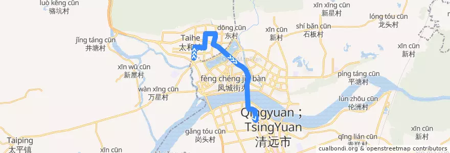 Mapa del recorrido 清远106路公交（城北客运站——新城客运站） de la línea  en Цинъюань.