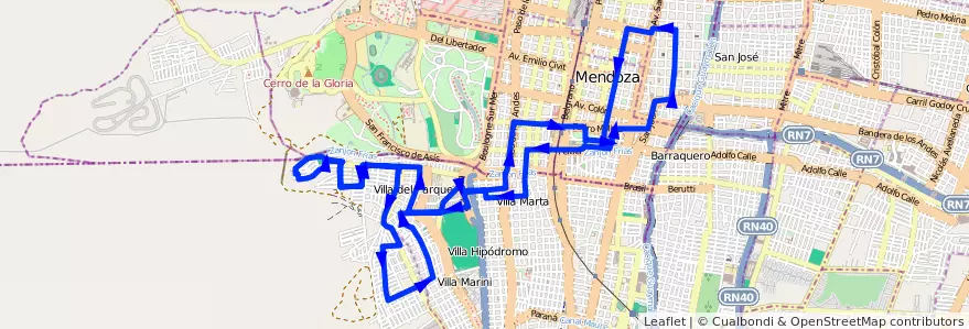 Mapa del recorrido 73 - Bº Judicial - Bº Supe - Casa de Gob. de la línea G05 en Мендоса.