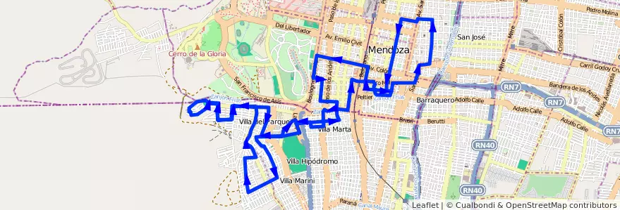 Mapa del recorrido 73 - Bº Supe - Bº Judicial - Casa de Gob. de la línea G05 en Mendoza.