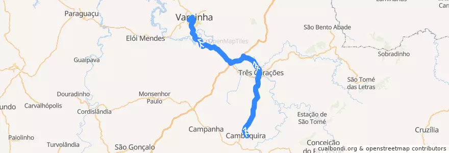 Mapa del recorrido 3167.6 - Cambuquira/Varginha via Três Corações de la línea  en Microrregião Varginha.