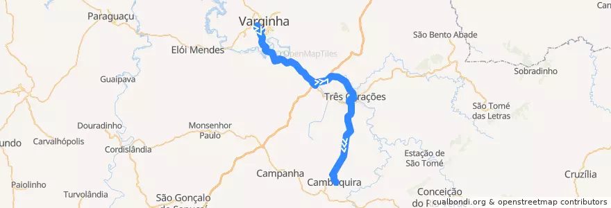 Mapa del recorrido 3167.6 - Cambuquira/Varginha via Três Corações de la línea  en Microrregião Varginha.
