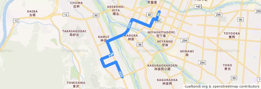 Mapa del recorrido [50]雨紛2号線（伊の沢経由) de la línea  en 旭川市.