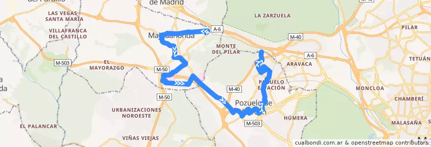 Mapa del recorrido 650: Pozuelo de Alarcón - Hospital - Majadahonda de la línea  en Área metropolitana de Madrid y Corredor del Henares.