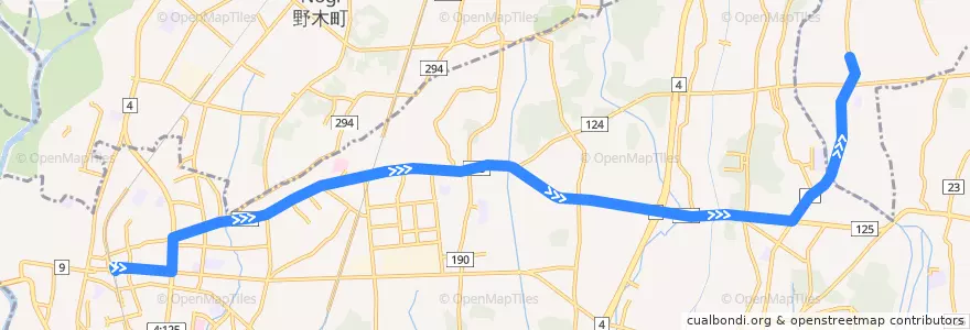 Mapa del recorrido 茨急バス 古河駅東口⇒東牛ヶ谷⇒北茂呂車庫 de la línea  en 古河市.