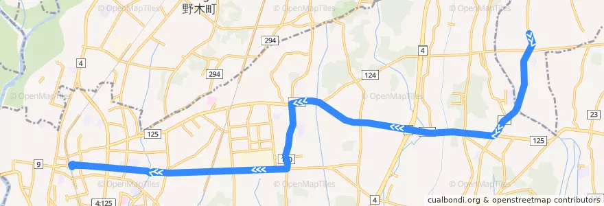 Mapa del recorrido 茨急バス 北茂呂車庫⇒丘里工業団地⇒古河駅東口 de la línea  en Koga.