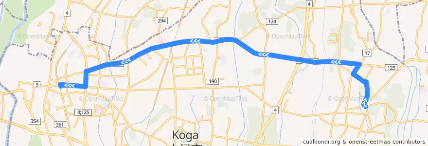 Mapa del recorrido 茨急バス 古河市三和庁舎⇒東牛ヶ谷⇒古河駅東口 de la línea  en Koga.