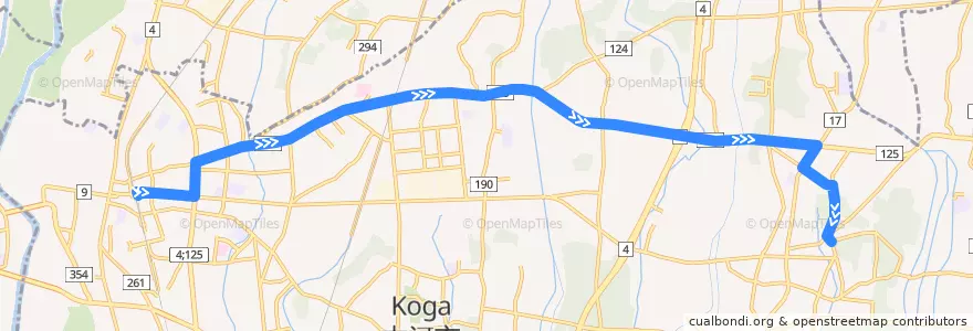 Mapa del recorrido 茨急バス 古河駅東口⇒東牛ヶ谷⇒古河市三和庁舎 de la línea  en Koga.