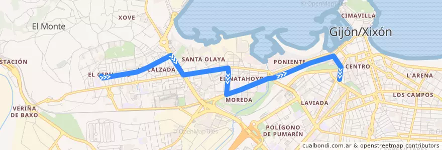 Mapa del recorrido Buho 1 - El Cerillero - Humedal de la línea  en Gijón/Xixón.