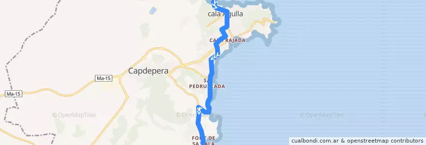Mapa del recorrido Mini Tren: Cala Agulla Beach → Font de sa Cala Beach de la línea  en Capdepera.