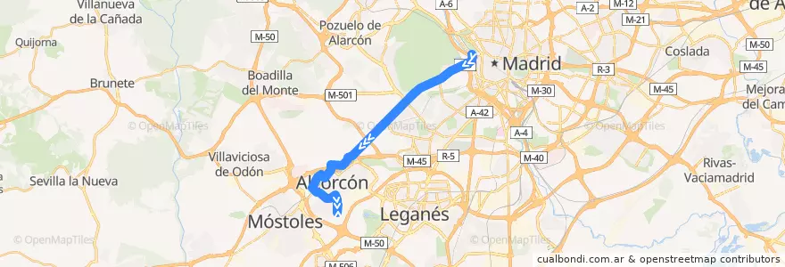 Mapa del recorrido Bus 516: Madrid - Alcorcón de la línea  en Área metropolitana de Madrid y Corredor del Henares.