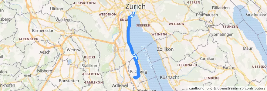 Mapa del recorrido Bus 161: Zürich, Bürkliplatz → Kilchberg ZH, Kirche de la línea  en チューリッヒ.