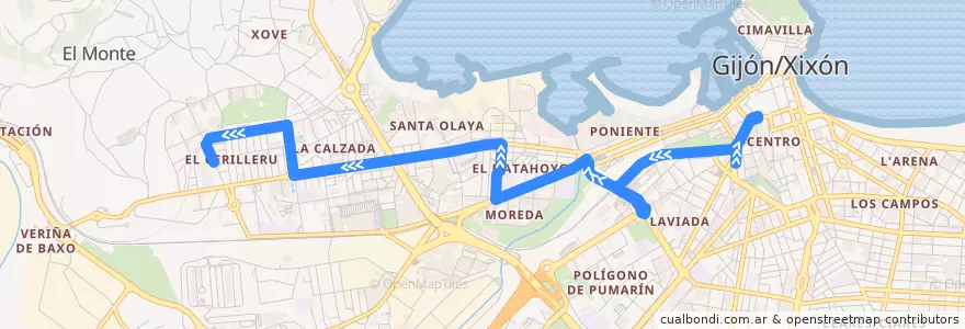 Mapa del recorrido Buho 1 - Humedal - El Cerillero de la línea  en Gijón/Xixón.