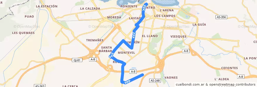 Mapa del recorrido Buho 2 - Humedal - Pumarin - Nuevo Roces de la línea  en Gijón/Xixón.