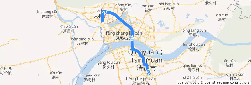 Mapa del recorrido 清远107路公交（市人民医院——城北客运站） de la línea  en 清远市 (Qingyuan).