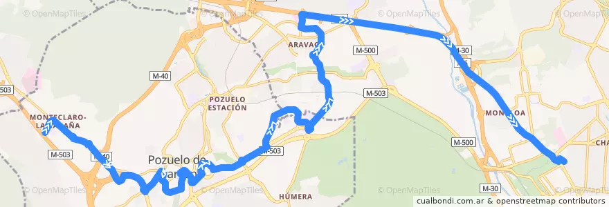 Mapa del recorrido Bus 657: Pozuelo (Monteclaro) → Madrid (Moncloa) de la línea  en Área metropolitana de Madrid y Corredor del Henares.