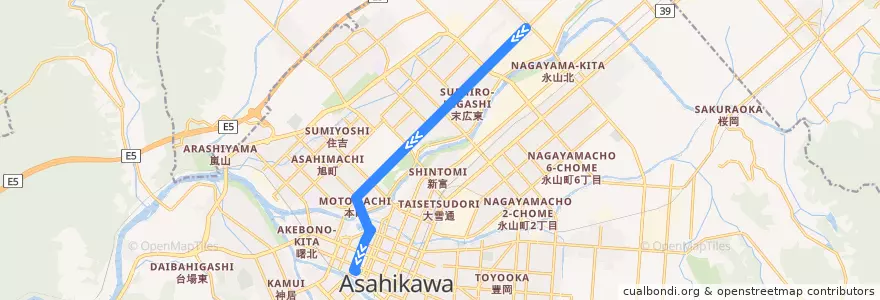 Mapa del recorrido [11]東鷹栖線（1線経由） de la línea  en Asahikawa.