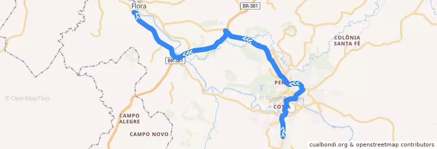 Mapa del recorrido 12 - Centro/Flora via Jardim Paraíso/Avenida do Contorno de la línea  en Três Corações.