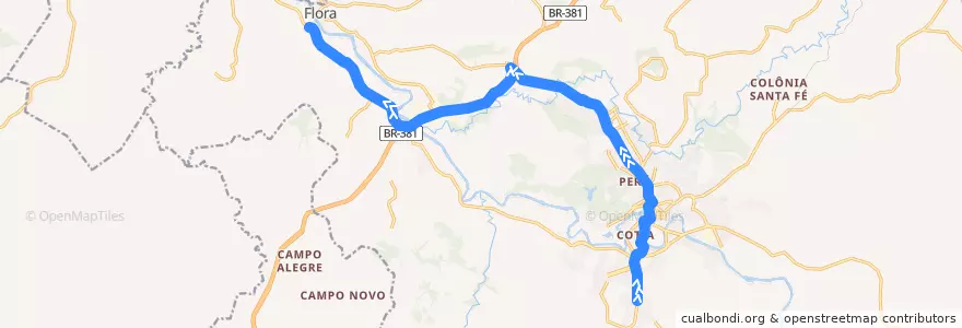 Mapa del recorrido 12 - Centro/Flora via Jardim Paraíso de la línea  en Três Corações.