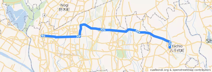 Mapa del recorrido 茨急バス 古河駅東口⇒丘里工業団地⇒八千代町役場 de la línea  en Koga.