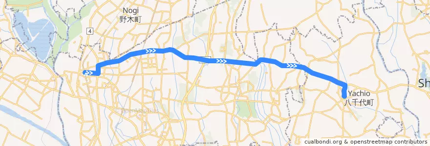 Mapa del recorrido 茨急バス 古河駅東口⇒東牛ヶ谷⇒八千代町役場 de la línea  en Koga.