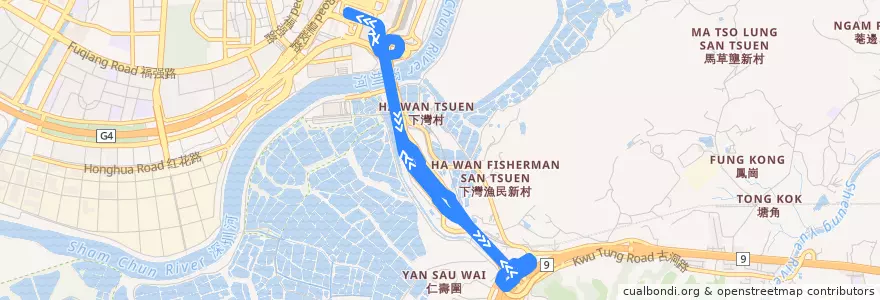 Mapa del recorrido 皇巴士 (落馬洲↔皇崗口岸 Lok Ma Chau↔Huanggang) de la línea  en Guangdong.