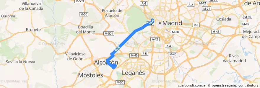 Mapa del recorrido Bus 513: Madrid - Alcorcón de la línea  en Área metropolitana de Madrid y Corredor del Henares.