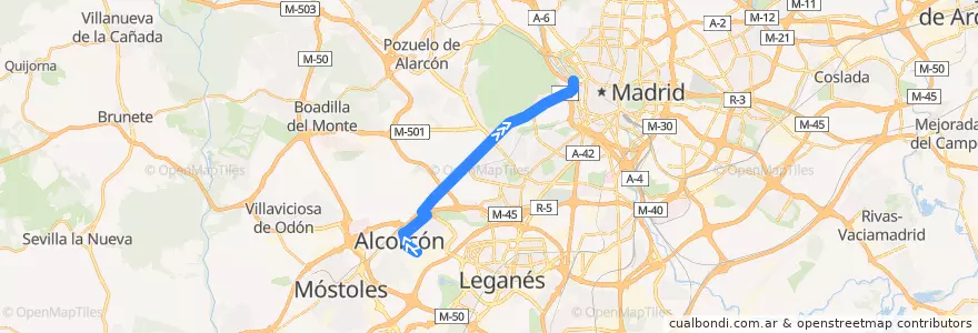 Mapa del recorrido Bus 513: Alcorcón - Madrid de la línea  en Área metropolitana de Madrid y Corredor del Henares.