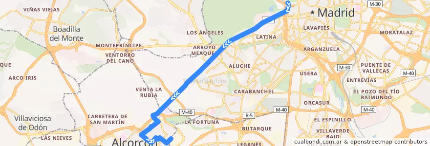 Mapa del recorrido Bus 514: Madrid - Alcorcón de la línea  en Área metropolitana de Madrid y Corredor del Henares.