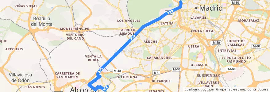 Mapa del recorrido Bus 514: Alcorcón → Madrid de la línea  en Área metropolitana de Madrid y Corredor del Henares.